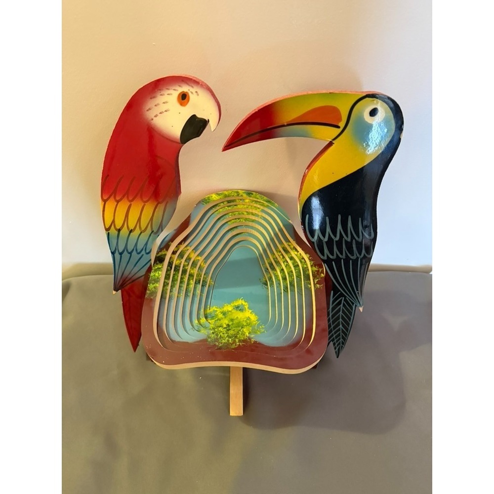 Vtg‎ 70s Tropical Beachy Toucan Parrot Wooden Folding Fruit Decorative Basket